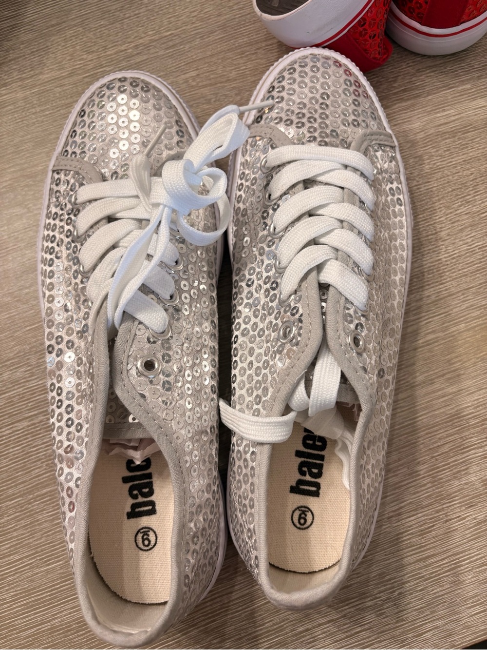 balera Silver Sequin Lace-Up Sneakers with White Laces